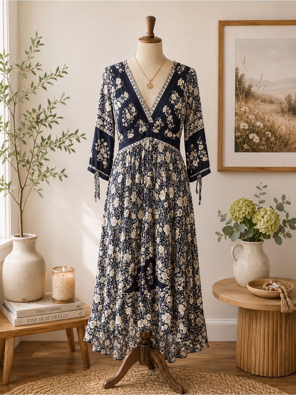 Papillon Blanc Navy Floral Empire Waist Midi Dress Size Small